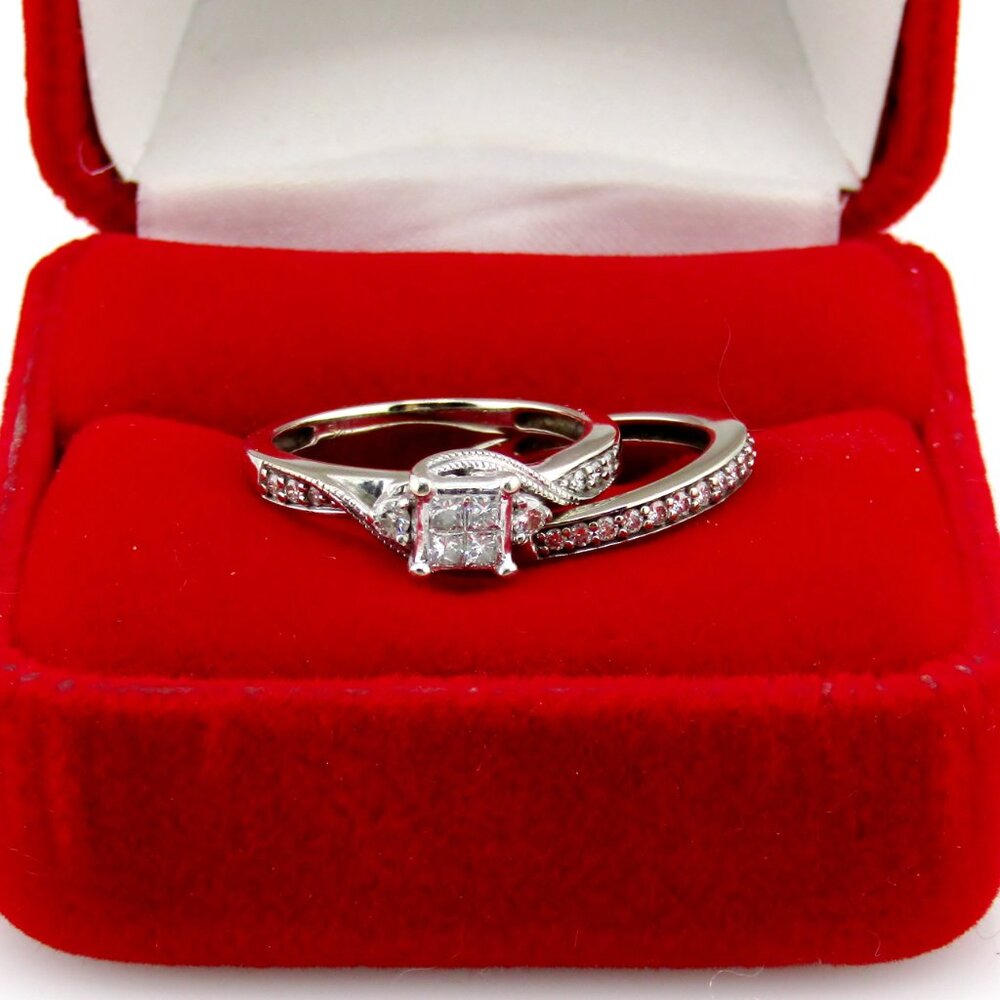 Natural Diamond Quad Princess Bridal Ring Set 10K White Gold Genuine Real